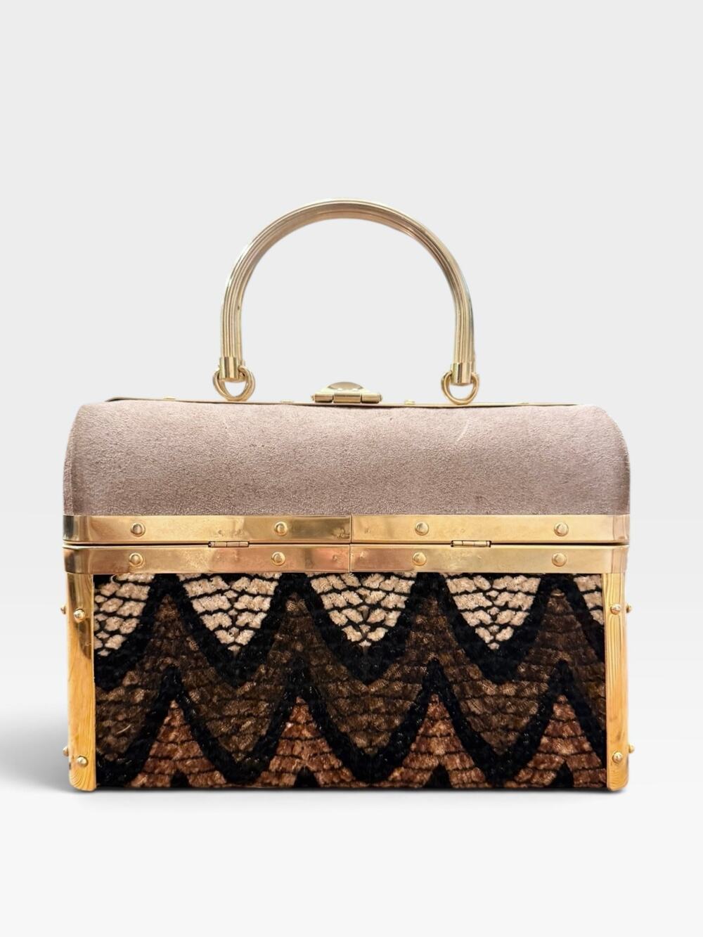 Vintage Harry Rosenfeld Italy Tapestry Suede Box Handbag Gold Frame Mod 60s 70s